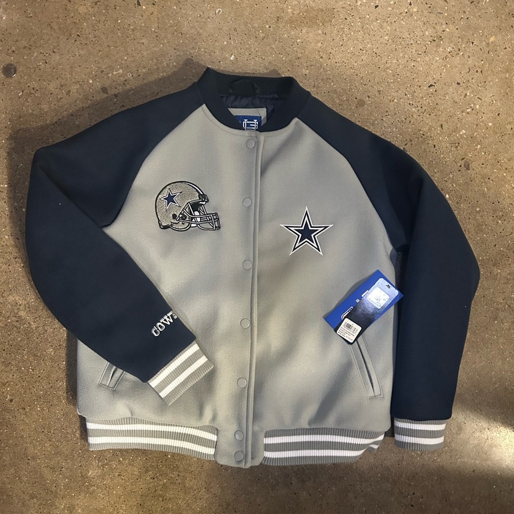 Dallas Cowboys Gray and Navy Blue Varsity Jacket Medium fits like a Small